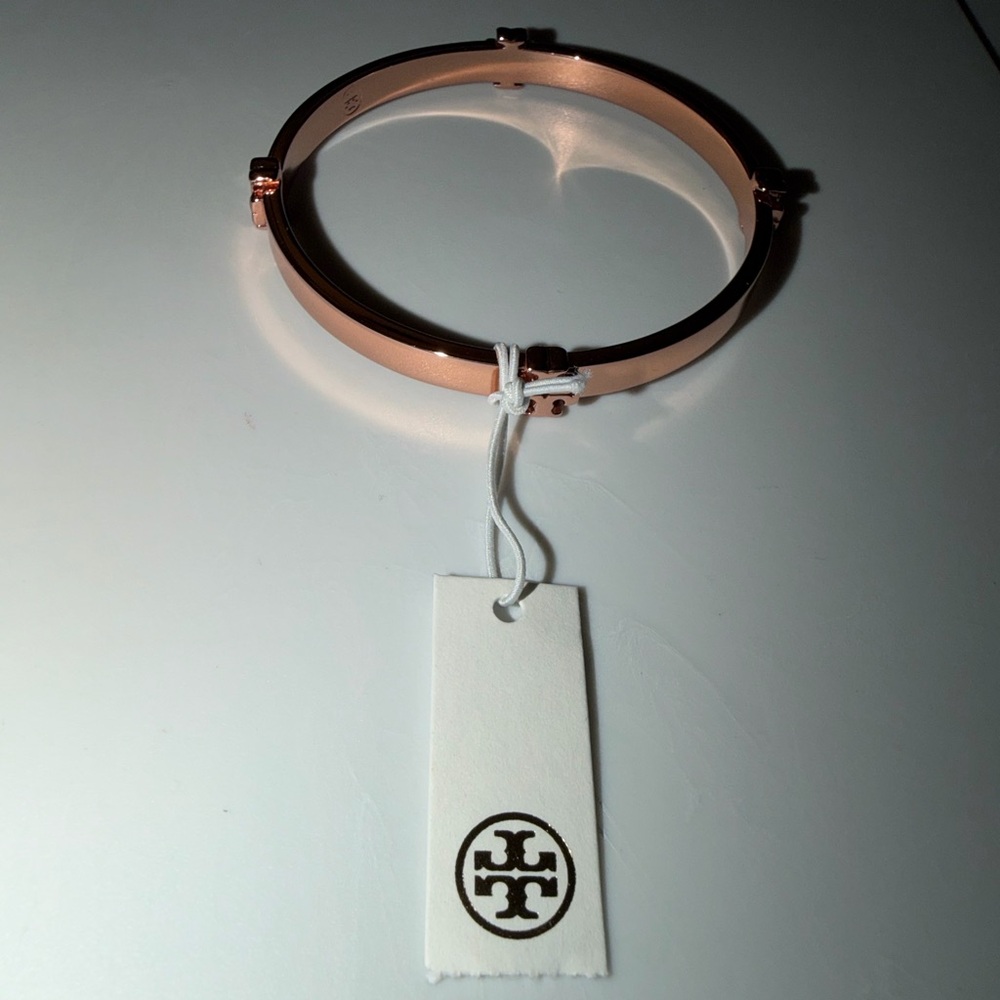 Tory Burch Rose Gold Signature T Logo Bangle Bracelet - Picture 8 of 9